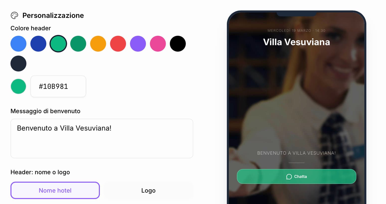 QR code hotel con personalizzazione brand e anteprima smartphone